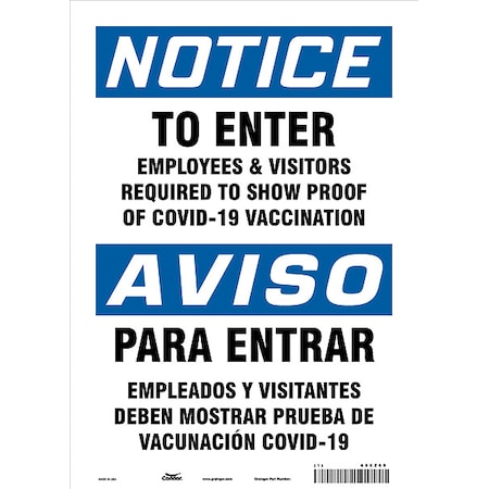 Employee and Visitor Vaccine Proof Safety Sign, 14 in Height, 10 in Width, Vinyl, English, Spanish MPN:60XZ69
