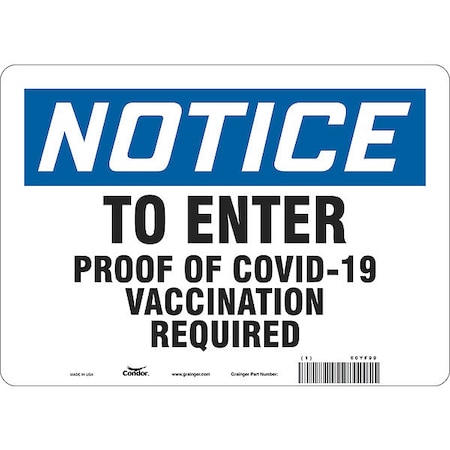 Employee/Visitor Vaccine Proof Sign, 60YF99 MPN:60YF99