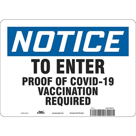 Employee/Visitor Vaccine Proof Sign, 60YG01 MPN:60YG01