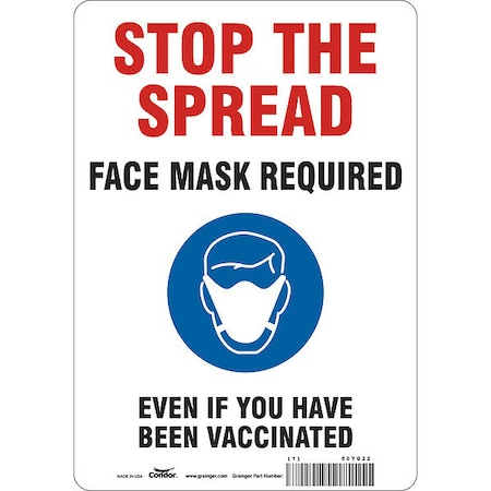 Facemask Reminder Safety Sign, 10 in Height, 7 in Width, Vinyl, English MPN:60YG22