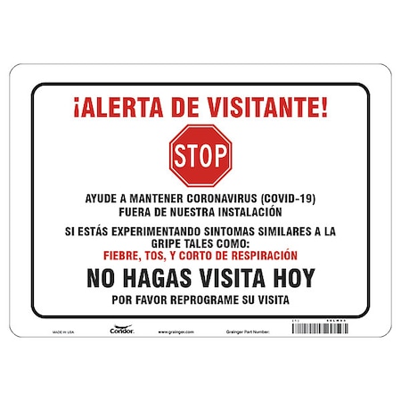 Covid 19 Sign 10X14, Spanish Visitor Ale, 10 in Height, 14 in Width, Aluminum, Spanish MPN:HWB734A1014