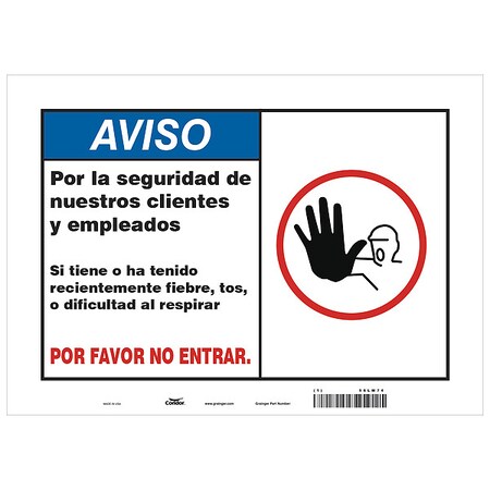 Covid 19 Sign 10X14, Spanish Symptoms Do, 10 in Height, 14 in Width, Aluminum, Spanish MPN:HWN828A1014