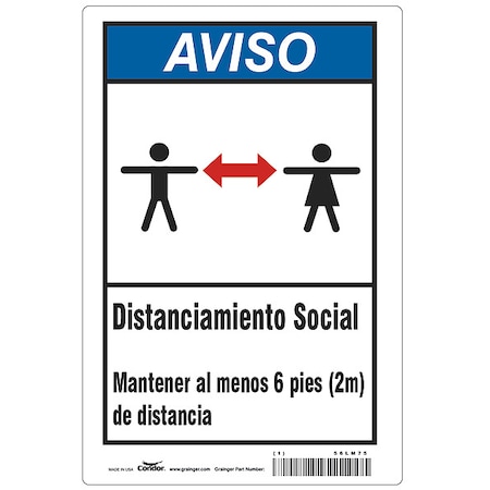 Covid 19 Sign 7X10, Spanish Notice Socia, 7 in Height, 10 in Width, Polystyrene, Spanish MPN:HWN830P1007