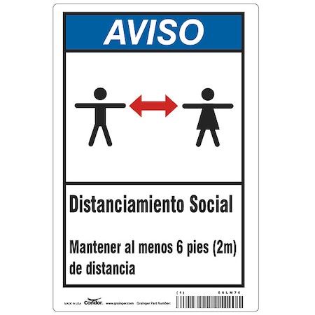 Covid 19 Sign 10X14, Spanish Notice Soci, 10 in Height, 14 in Width, Polystyrene, Spanish MPN:HWN830P1410