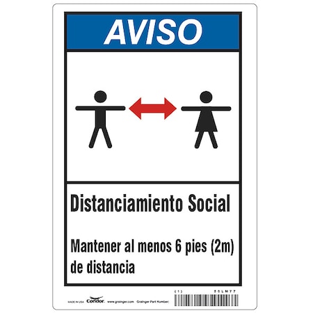 Covid 19 Sign 7X10, Spanish Notice Socia, 7 in Height, 10 in Width, Polyester, Spanish MPN:HWN830T1007