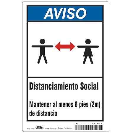 Covid 19 Sign 10X14, Spanish Notice Soci, 10 in Height, 14 in Width, Polyester, Spanish MPN:HWN830T1410