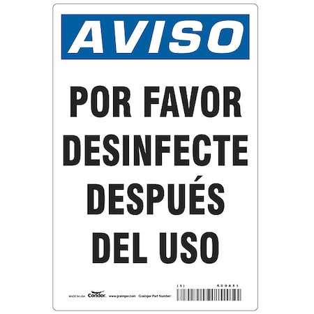 Spanish Por Favor Desinfecte Sign, 10 in Height, 7 in Width, Aluminum, Rectangle, Spanish MPN:HWN838A1007