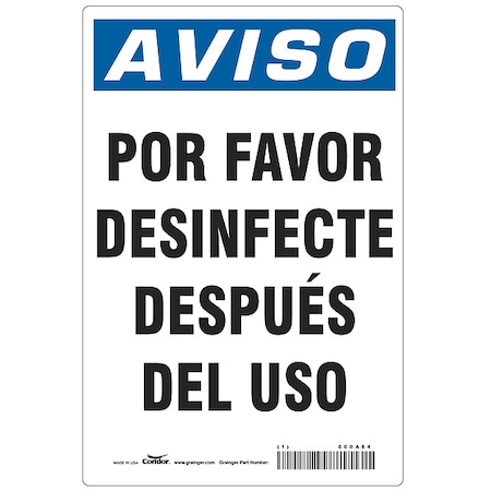 Spanish Por Favor Desinfecte Sign, 14 in Height, 10 in Width, Aluminum, Rectangle, Spanish MPN:HWN838A1410