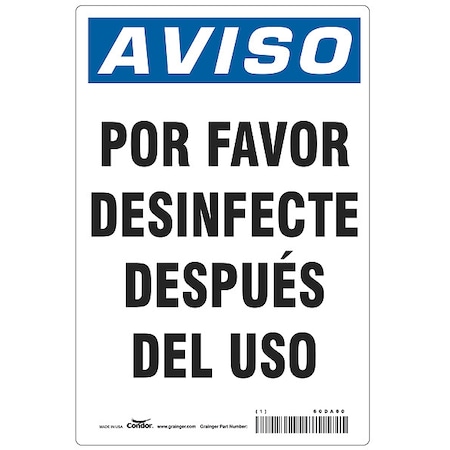 Spanish Por Favor Desinfecte Sign, 10 in Height, 7 in Width, Polystyrene, Rectangle, Spanish MPN:HWN838P1007