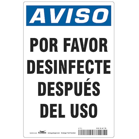 Spanish Por Favor Desinfecte Sign, 10 in Height, 7 in Width, Polyester, Rectangle, Spanish MPN:HWN838T1007