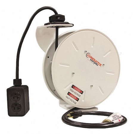 Cord Reel With Hand Lamp, Spring Retracted, NEMA 5-20R, 12 AWG, White Reel Color, 50 ft Length MPN:XA-121120305016E
