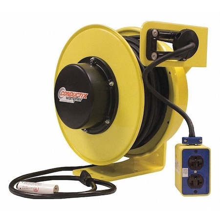 Cord Reel With Hand Lamp, Spring Retracted, NEMA 5-20R, 12 AWG, Yellow Reel Color, 75 ft Length MPN:XA-141120307516