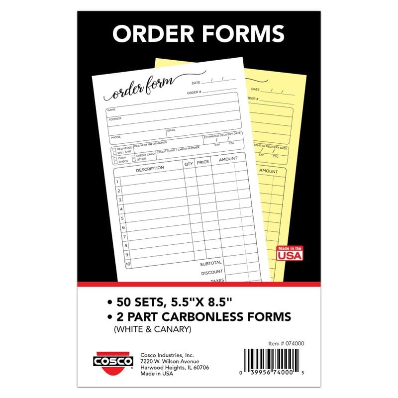 COSCO Order Form Book, 2-Part Carbonless, 8-1/2in x 5-1/2in, Script, Book Of 50 Sets MPN:074000