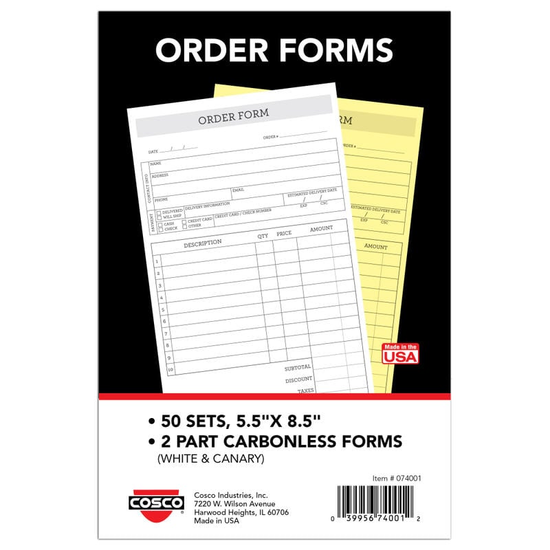 COSCO Order Form Book, 2-Part Carbonless, 8-1/2in x 5-1/2in, Simple, Book Of 50 Sets MPN:074001