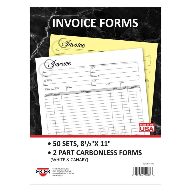 COSCO Invoice Form Book With Slip, 2-Part Carbonless, 8-1/2in x 11in, Artistic, Book Of 50 Sets MPN:074003