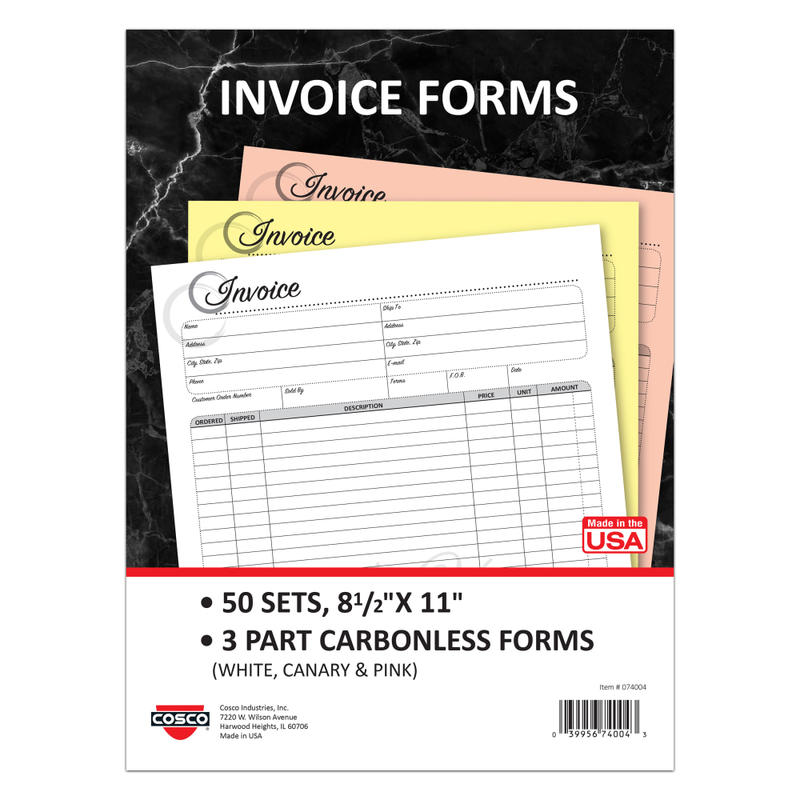 COSCO Invoice Form Book With Slip, 3-Part Carbonless, 8-1/2in x 11in, Artistic, Book Of 50 Sets MPN:074004