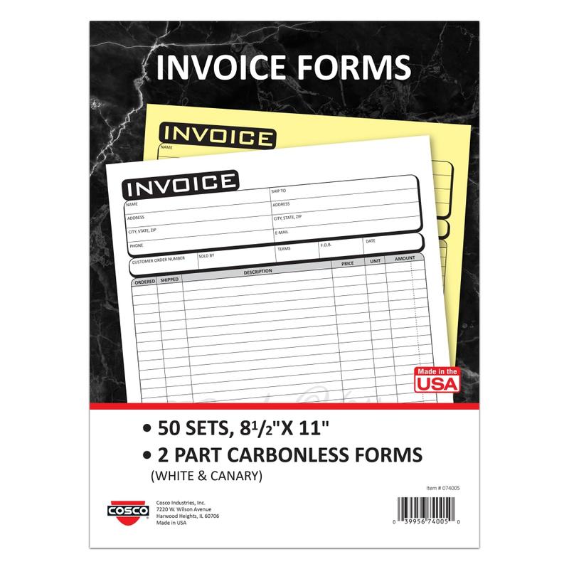 COSCO Invoice Form Book With Slip, 2-Part Carbonless, 8-1/2in x 11in, Business, Book Of 50 Sets MPN:074005