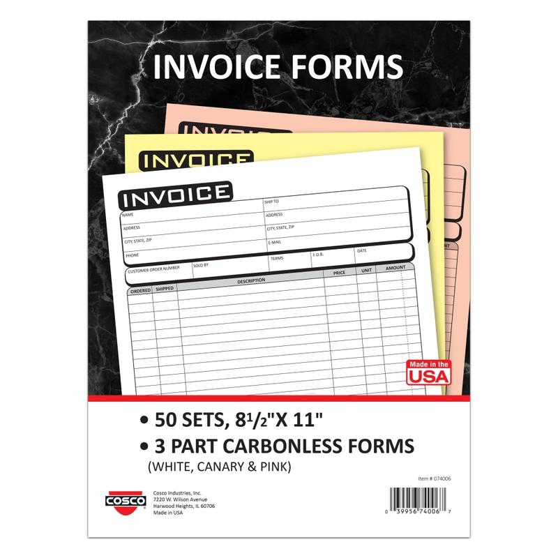 COSCO Invoice Form Book With Slip, 3-Part Carbonless, 8-1/2in x 11in, Business, Book Of 50 Sets MPN:074006
