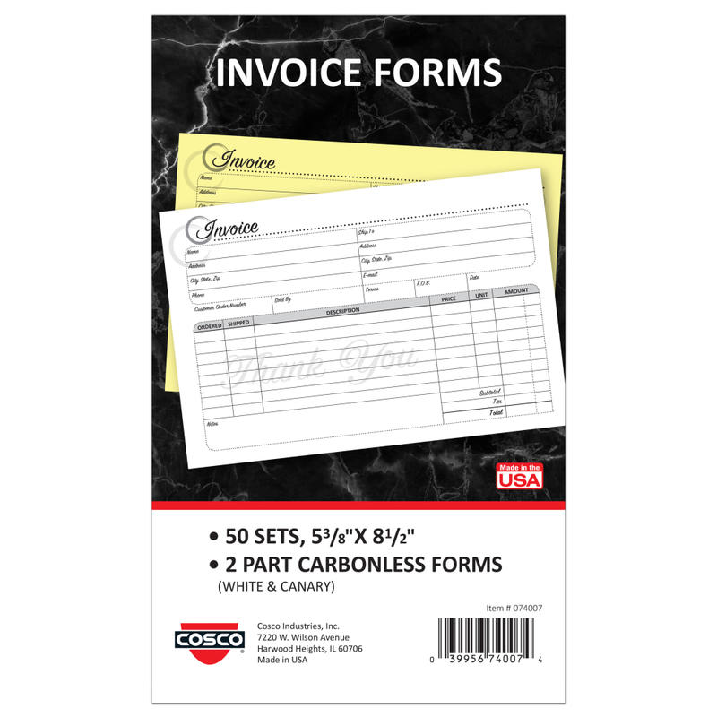 COSCO Service Invoice Form Book With Slip, 2-Part Carbonless, 5-3/8in x 8-1/2in, Artistic, Book Of 50 Sets MPN:074007