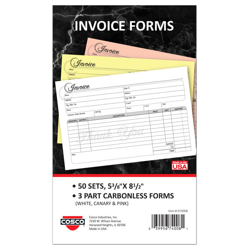 COSCO Service Invoice Form Book With Slip, 3-Part Carbonless, 5-3/8in x 8-1/2in, Artistic, Book Of 50 Sets MPN:074008
