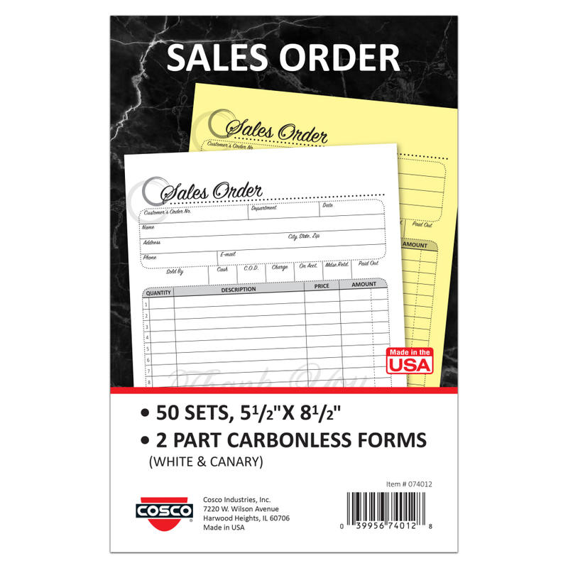 COSCO Sales Order Form Book With Slip, 2-Part Carbonless, 5-1/2in x 8-1/2in, Script, Book Of 50 Sets MPN:074012