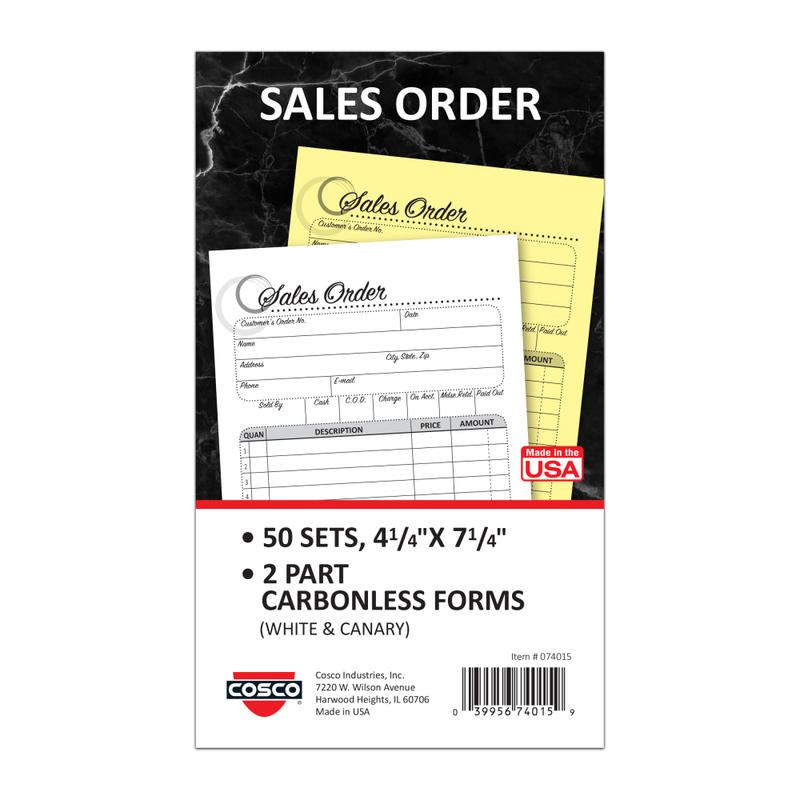 COSCO Sales Order Form Book With Slip, 2-Part Carbonless, 4-1/4in x 7-1/4in, Artistic, 50 Sets MPN:074015