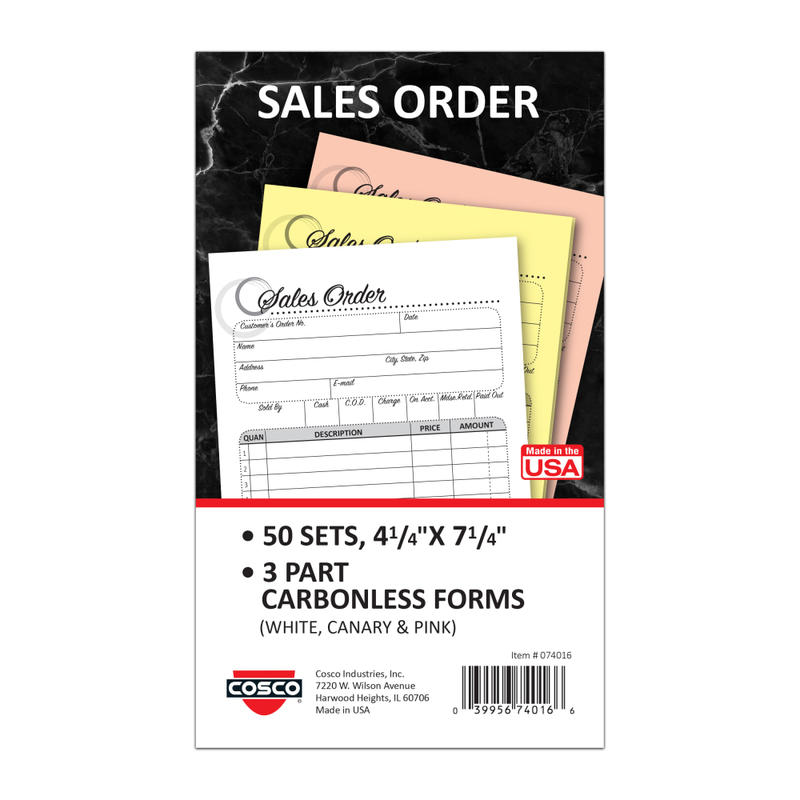 COSCO Sales Order Form Book With Slip, 3-Part Carbonless, 4-1/4in x 7-1/4in, Artistic, 50 Sets MPN:074016