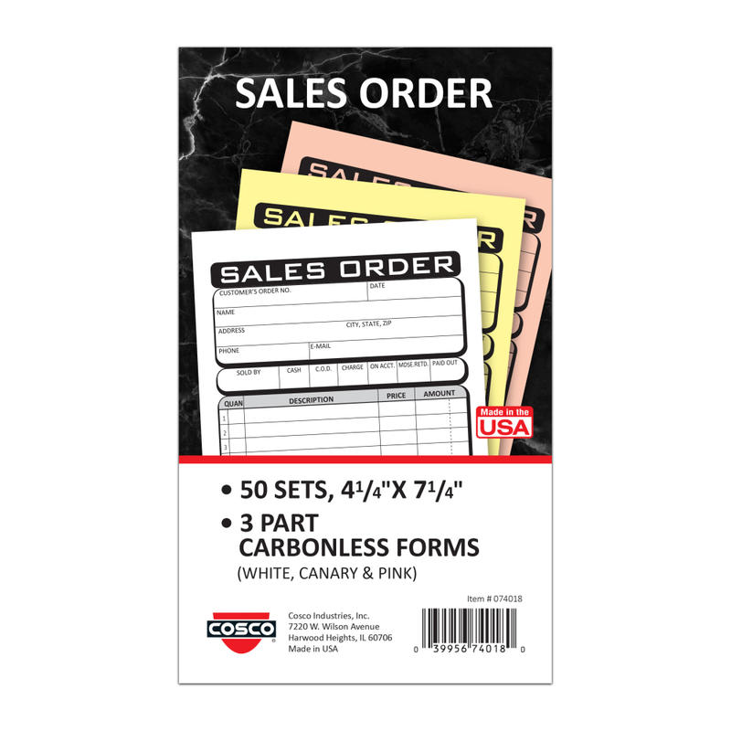 COSCO Sales Order Form Book With Slip, 3-Part Carbonless, 4-1/4in x 7-1/4in, Business, 50 Sets MPN:074018