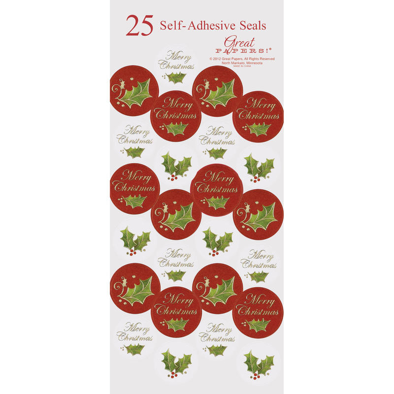 Great Papers! Holiday Foil Seals, 1in, Gold/Green/Red, Christmas Holly, Pack Of 50 MPN:2012343PK2