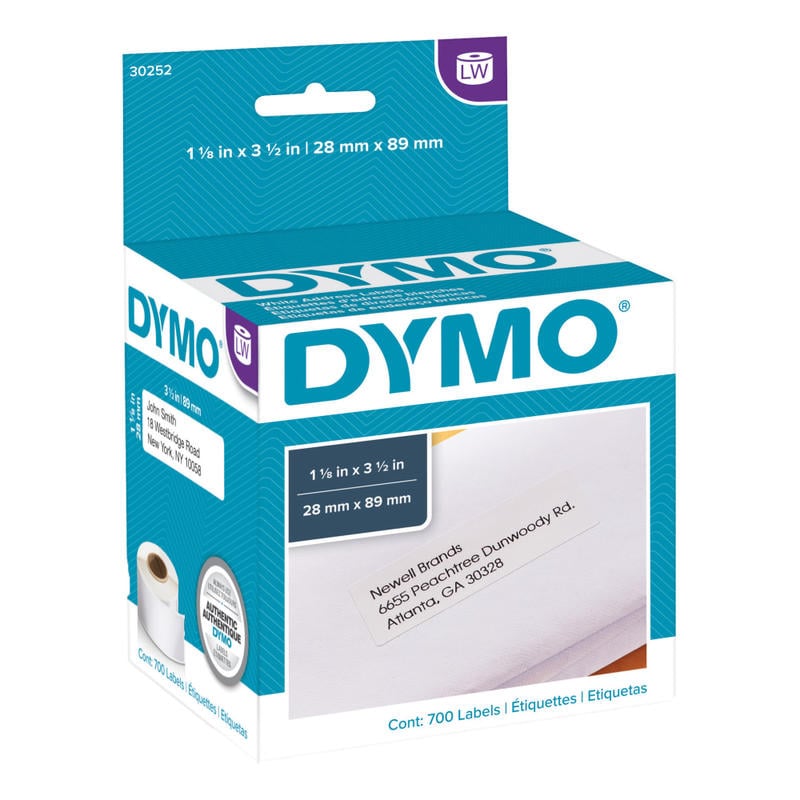 DYMO LW Address Label Rolls, 30252, Rectangular, 1 1/8in x 3 1/2in, White, 350 Labels Per Roll, Box Of 2 Rolls (Min Order Qty 3) MPN:30252