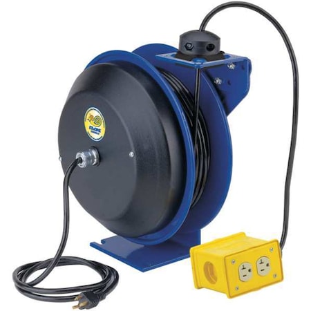 Cord Reel, Spring Retracted, NEMA 5-20R, 12 AWG, Blue Reel Color, 50 ft Length, 4 Outlets MPN:EZ-PC13-5012-B