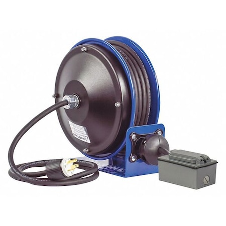 Cord Reel With Hand Lamp, Spring Retracted, NEMA 5-20R, 12 AWG, Blue Reel Color, 30 ft Length MPN:PC10-3012-F