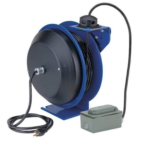 Cord Reel With Hand Lamp, Spring Retracted, NEMA 5-20R, 12 AWG, Blue Reel Color, 50 ft Length MPN:PC13-5012-F