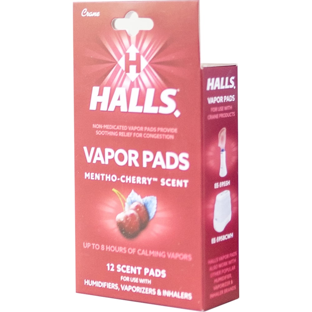 Crane Halls Vapor Pads, Mentho-Cherry Scent, 4-5/16inH x 3inW x 1-1/4inD, Pack Of 12 Pads MPN:HS-1950CH