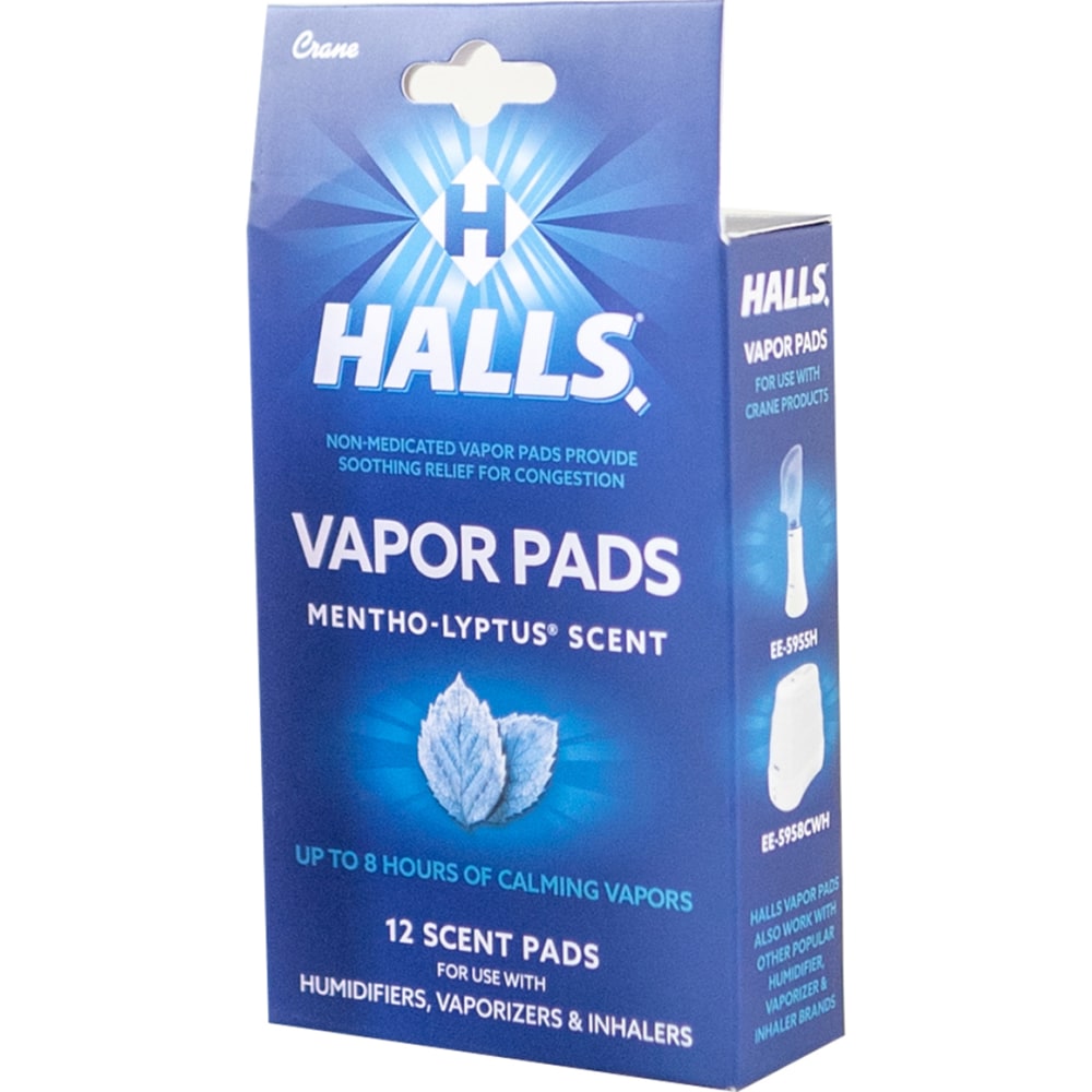 Crane Halls Vapor Pads, Mentho-Lyptus Scent, 4-5/16inH x 3inW x 1-1/4inD, Pack Of 12 Pads MPN:HS-1950MH