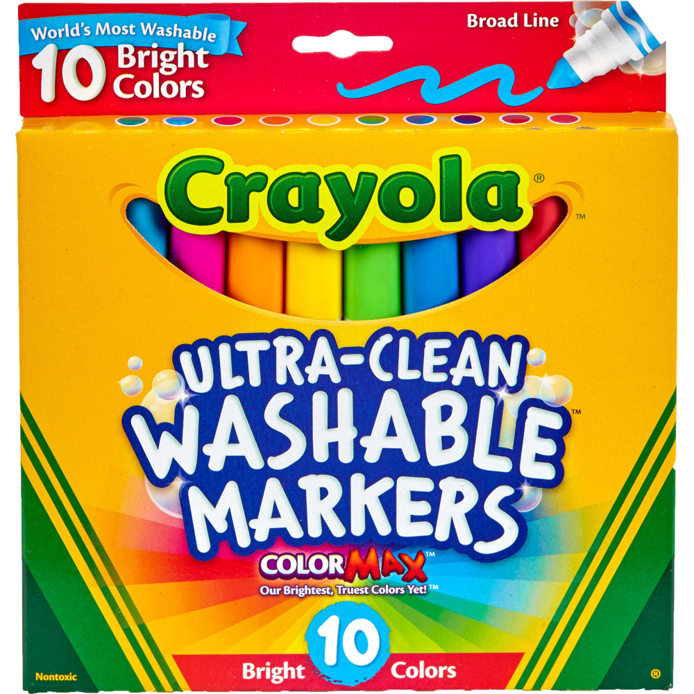 Crayola Ultra-Clean Washable Bright Broad Line Color Max Markers, Broad Point, White/Assorted Barrels, Assorted Ink, Pack Of 10 Markers MPN:58-7855