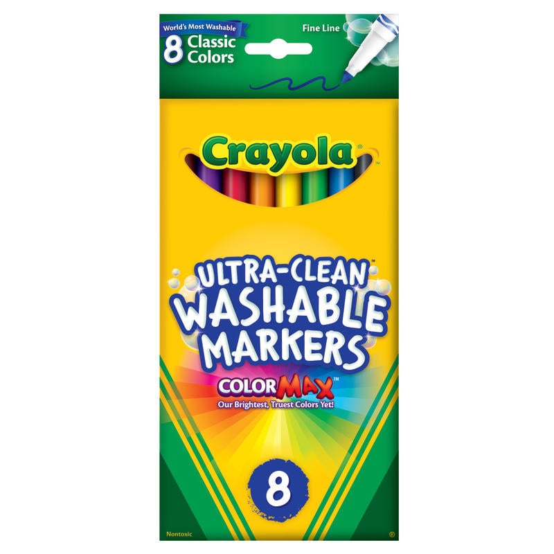 Crayola Ultra-Clean Washable Color Markers, Thin Line, Assorted Classic Colors, Box Of 8 MPN:58-7809