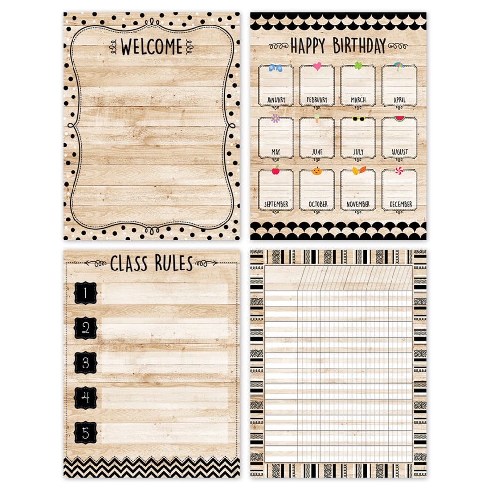 Creative Teaching Press Core Decor Classroom Essentials Charts, Black, White And Wood, 22in x 17in, Pack Of 4 Charts MPN:CTP10990