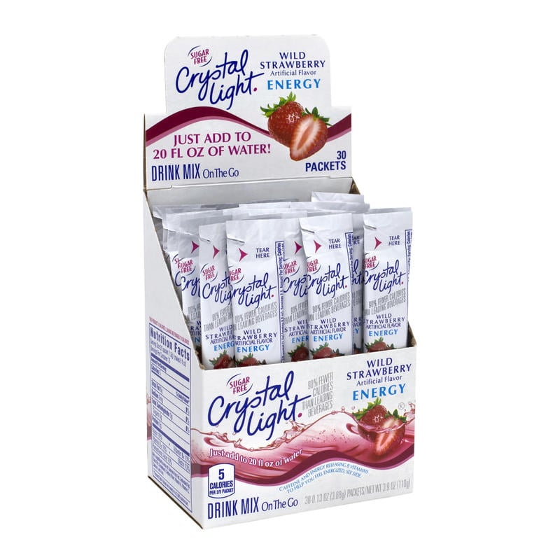 Crystal Light On-The-Go Sugar-Free Drink Mix, Wild Strawberry Energy, 0.13 Fl Oz, 30 Packets Per Box, Pack Of 2 Boxes MPN:307-00158