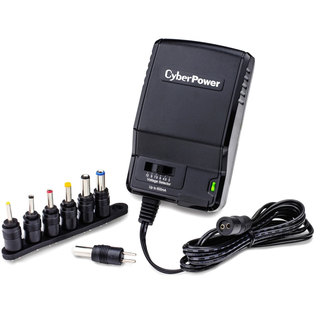 CyberPower CPUAC600 Universal Power Adapter with multiple tips - 600 mA, 3 VDC, 4.5 VDC, 6 VDC, 7.5 VDC, 9 VDC, 12 VDC, 7 Adapter Tips, NEMA 5-15R, 100 VAC - 120 VAC, 5 ft, Black, 1YR Warranty (Min Order Qty 3) MPN:CPUAC600