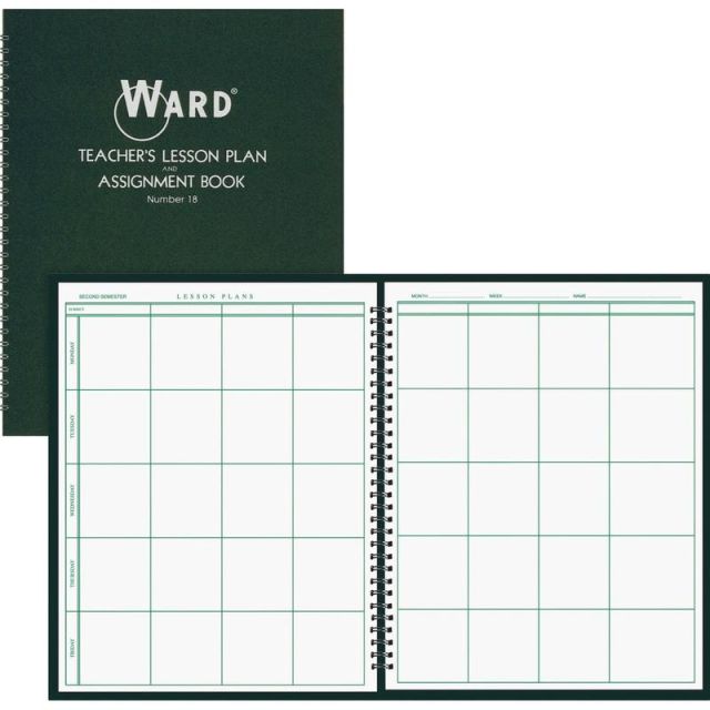 Ward Hubbard Comp. Teachers 8-period Lesson Plan Book - 9 Month - 8 1/2in x 11in - Wire Bound - White, Dark Green - Reference Calendar, Durable, Memo Section (Min Order Qty 3)