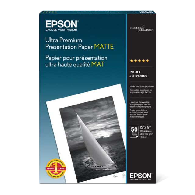 Epson Ultra Premium Matte Presentation Paper, 13in x 19in, 104 Brightness, 51 Lb, Pack Of 50 Sheets S041339