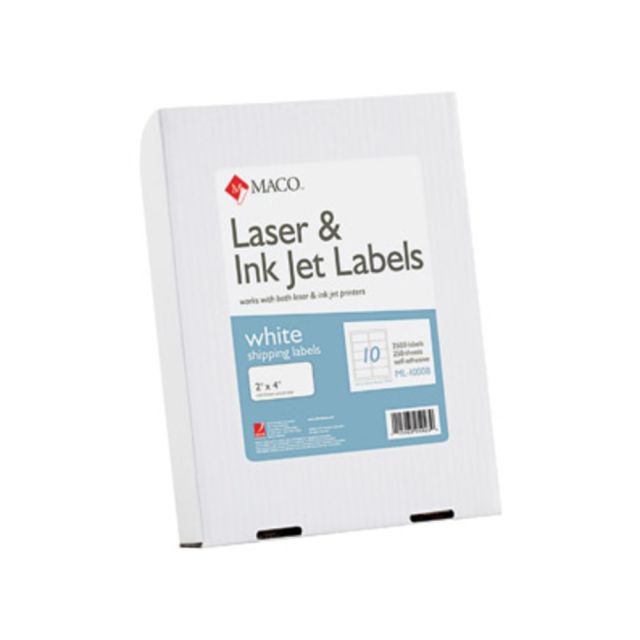 MACO White Laser/Ink Jet Shipping Labels, MACML1000B, Permanent Adhesive, 2inW x 4inL, Rectangle, White, 10 Per Sheet, Box Of 2,500 ML1000B