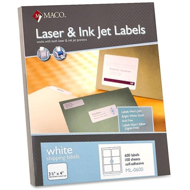 MACO White Laser/Ink Jet Shipping Labels, ML-0600, 3 21/64inW x 4inL, Rectangle, White, 6 Per Sheet, Box Of 600 ML0600