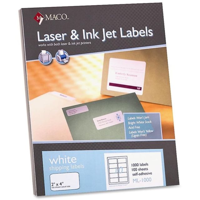 MACO White Laser/Ink Jet Shipping Labels, MML-1000, 2inW x 4inL, Rectangle, White, 10 Per Sheet, Box Of 1,000 (Min Order Qty 2) ML1000