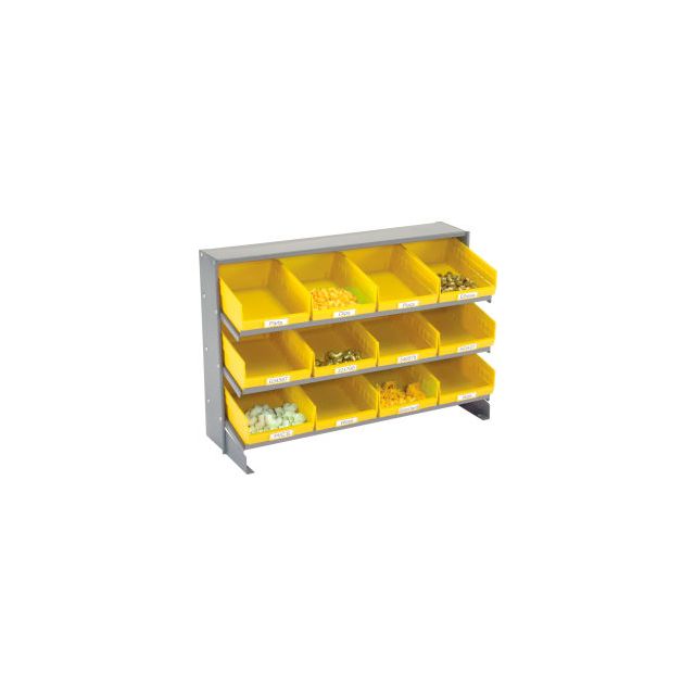 GoVets™ 3 Shelf Bench Pick Rack - 12 Yellow Plastic Shelf Bins 8 Inch Wide 33x12x21 423YL603