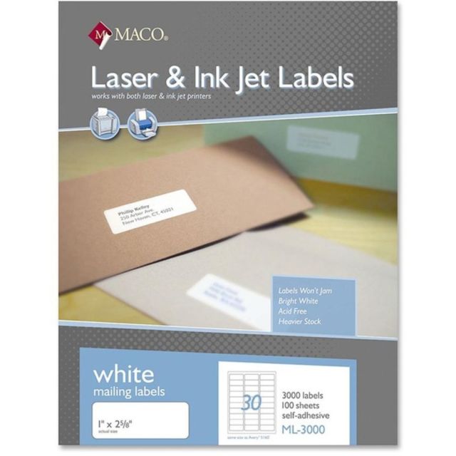 MACO White Laser/Ink Jet Address Labels, ML-3000, Permanent Adhesive, 1inW x 2 5/8inL, Rectangle, White, 30 Per Sheet, Box Of 3,000 ML3000