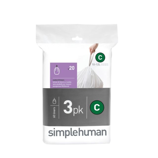 simplehuman Code C Custom-Fit Can Liners, 2.6-3.2 Gallons, White, Box Of 240 MPN:CW0252
