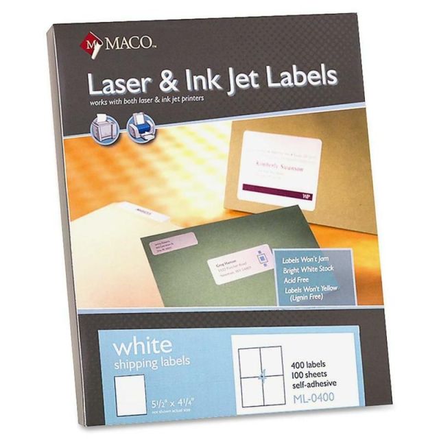 MACO White Laser/Ink Jet Shipping Labels, MML-0400, 5 1/2inW x 4 1/4inL, Rectangle, White, 4 Per Sheet, Box Of 400 ML0400