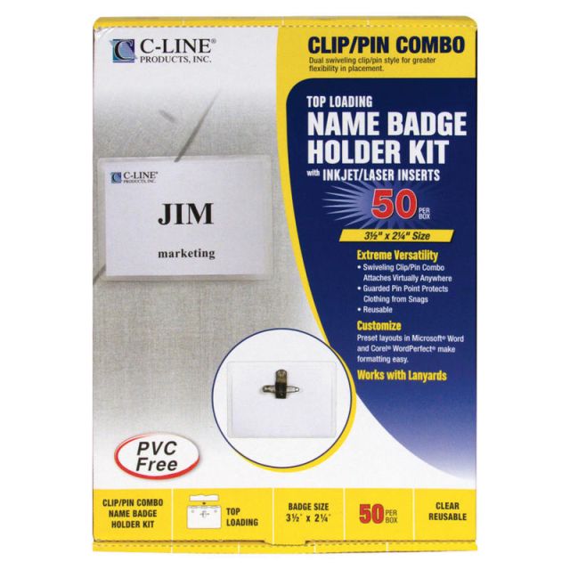 C-Line Sealed Clip/Pin Style Badge Holder Kit, Top Loading, 2 1/4in x 3 1/2in (Min Order Qty 2) MPN:95723